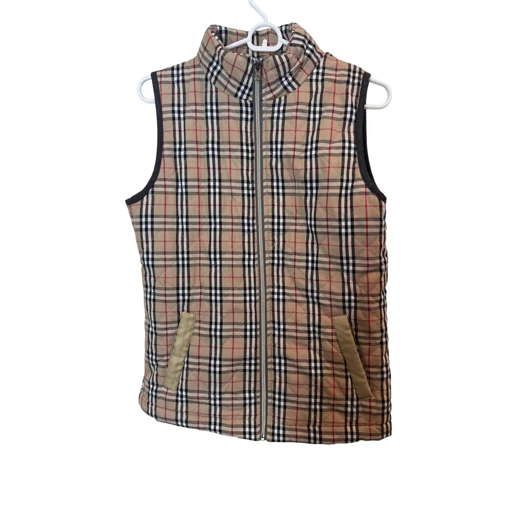 Pink Lily Vest Womens Small Beige Plaid Quilted Full Zip Collared Lined‎ Twill